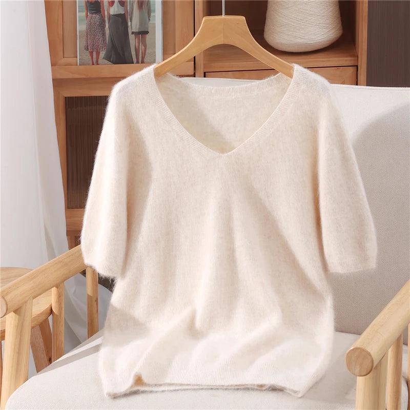 Women's 100% pure mink cashmere V-neck sweater T-shirt solid color knitted fashionable versatile short sleeved pullover sweater