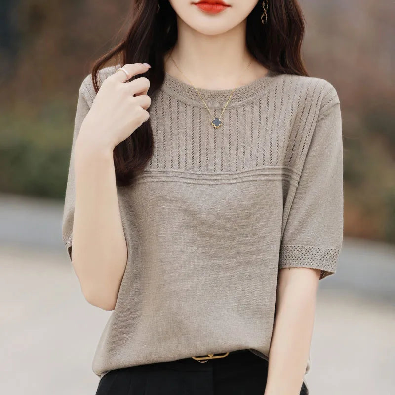 Women Sweater Short Sleeve Spring Summer O-neck Bottoming Shirts Casual Korean Knitted Pullovers Solid Loose Hollow Out Jumpers