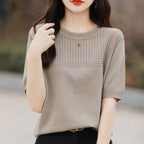 Women Sweater Short Sleeve Spring Summer O-neck Bottoming Shirts Casual Korean Knitted Pullovers Solid Loose Hollow Out Jumpers