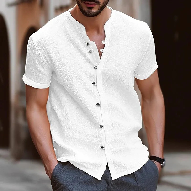 2026 Fashion Men's New Short-Sleeved T-Shirt Fashion Men's Retro Buttoned Cotton-Linen Casual Short-Sleeved Shirt