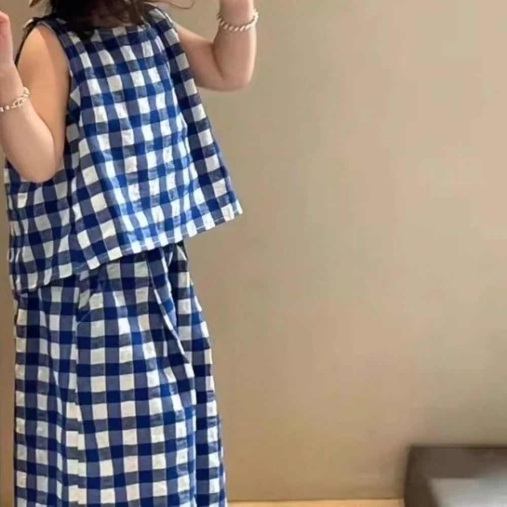 Summer Kids Casual Cute Checkered Print Outfit Sleeveless Tank Top + Loose Pant 2 Pcs Set 2- 7 Years Girls Fashion Clothes