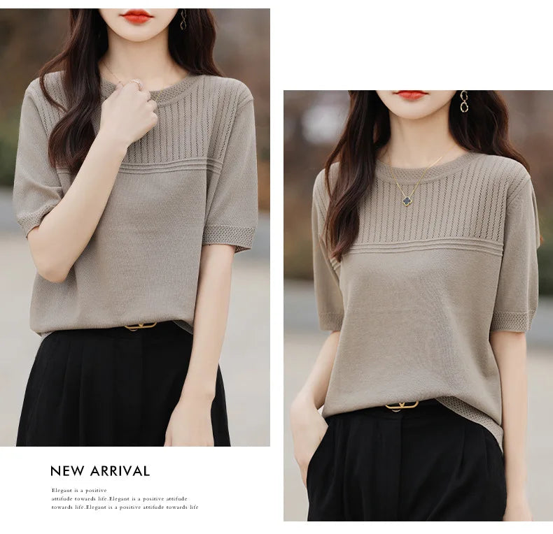 Women Sweater Short Sleeve Spring Summer O-neck Bottoming Shirts Casual Korean Knitted Pullovers Solid Loose Hollow Out Jumpers