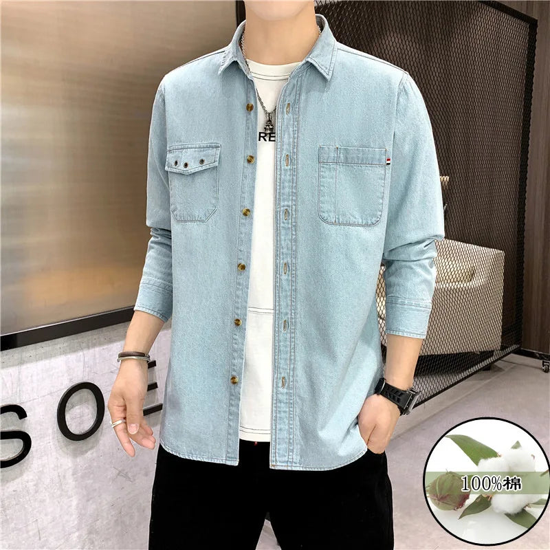 New Men's Denim Shirt Pure Cotton Washed Fashion Top Youth Style Japanese Design Autumn Collection Slim Fit Long Sleeve Casua...