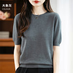 Fall/winter women's O-neck basic warm casual pullover fashion short sleeve 100% wool 22-color knitted sweater.