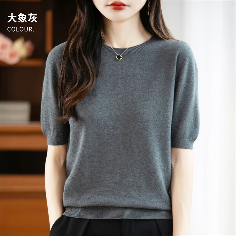 Fall/winter women's O-neck basic warm casual pullover fashion short sleeve 100% wool 22-color knitted sweater.