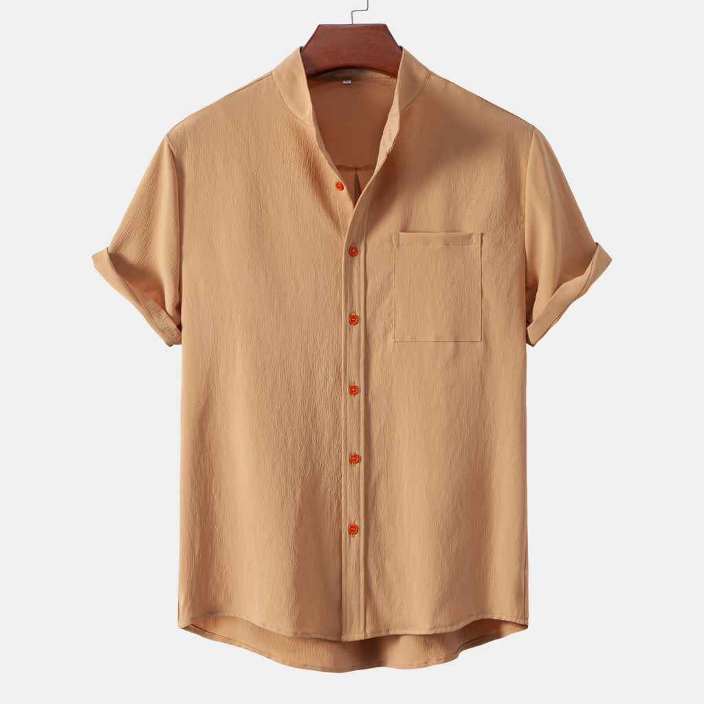 2026New men's short sleeved solid color standing collar cardigan casual shirt for foreign trade