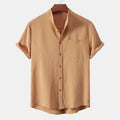 2026New men's short sleeved solid color standing collar cardigan casual shirt for foreign trade