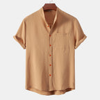 2026New men's short sleeved solid color standing collar cardigan casual shirt for foreign trade