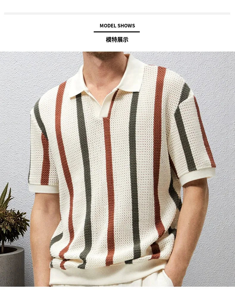 New American Chic Hollow Out Male Polo Shirts Trendy Striped Knitted V Neck Short Sleeve T-shirt High Street Breathable Knitwear