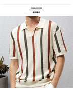 New American Chic Hollow Out Male Polo Shirts Trendy Striped Knitted V Neck Short Sleeve T-shirt High Street Breathable Knitwear