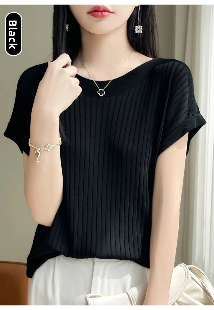 Summer Thin Ice Silk Knitted Loose T-Shirt Women's Short Sleeve Versatile Top Breathable Cool Feeling Pure Color Basic Fit