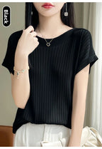 Summer Thin Ice Silk Knitted Loose T-Shirt Women's Short Sleeve Versatile Top Breathable Cool Feeling Pure Color Basic Fit