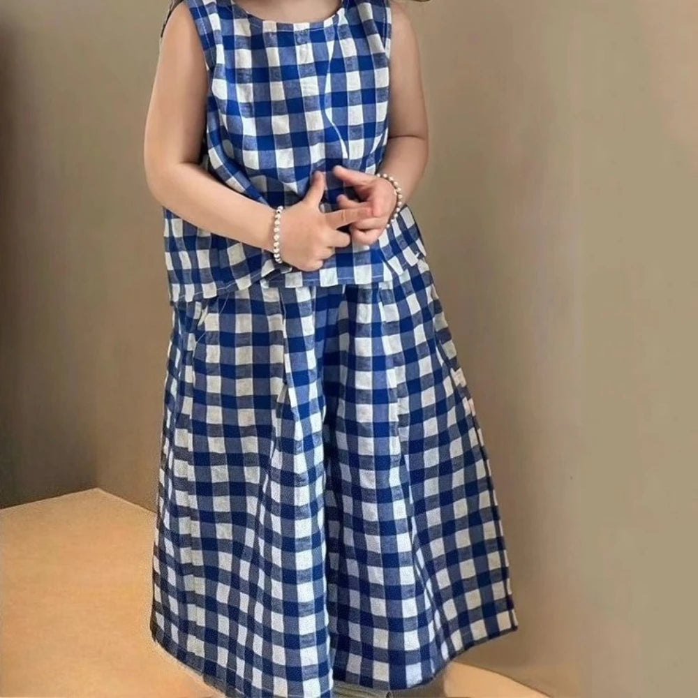 Summer Kids Casual Cute Checkered Print Outfit Sleeveless Tank Top + Loose Pant 2 Pcs Set 2- 7 Years Girls Fashion Clothes