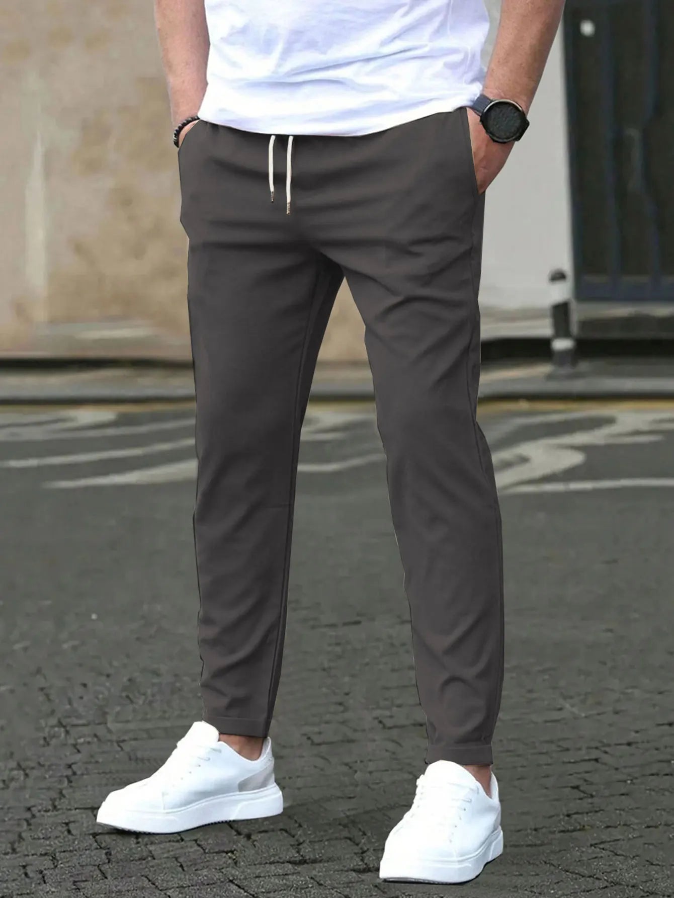 Men's Solid Color Drawstring Waist Casual Pants Regular Fit Comfy Trousers with Pockets for Spring And Fall