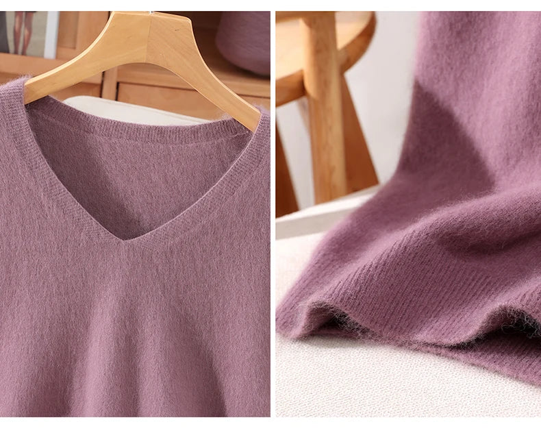 Women's 100% pure mink cashmere V-neck sweater T-shirt solid color knitted fashionable versatile short sleeved pullover sweater