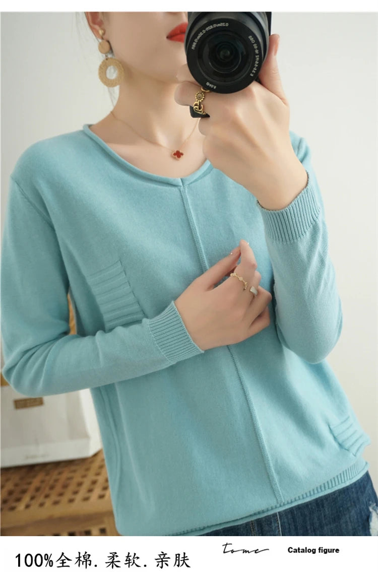 2023 Autumn/Winter Women's New Pullover Casual Solid 100% Cotton Knitted V-Neck Loose Sweater Fashion Soft Breathable Top