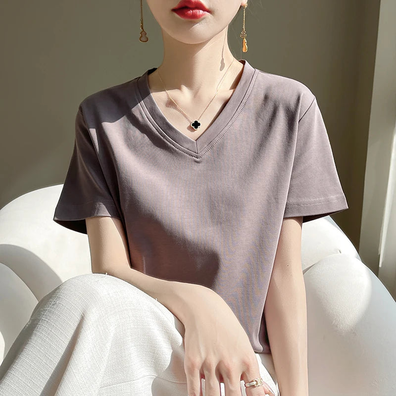 Summer V-neck 100% Cotton Short-Sleeved T-Shirt Women's Loose Mercerized Cotton Half-Sleeve Bottoming Shirt White High-end Top