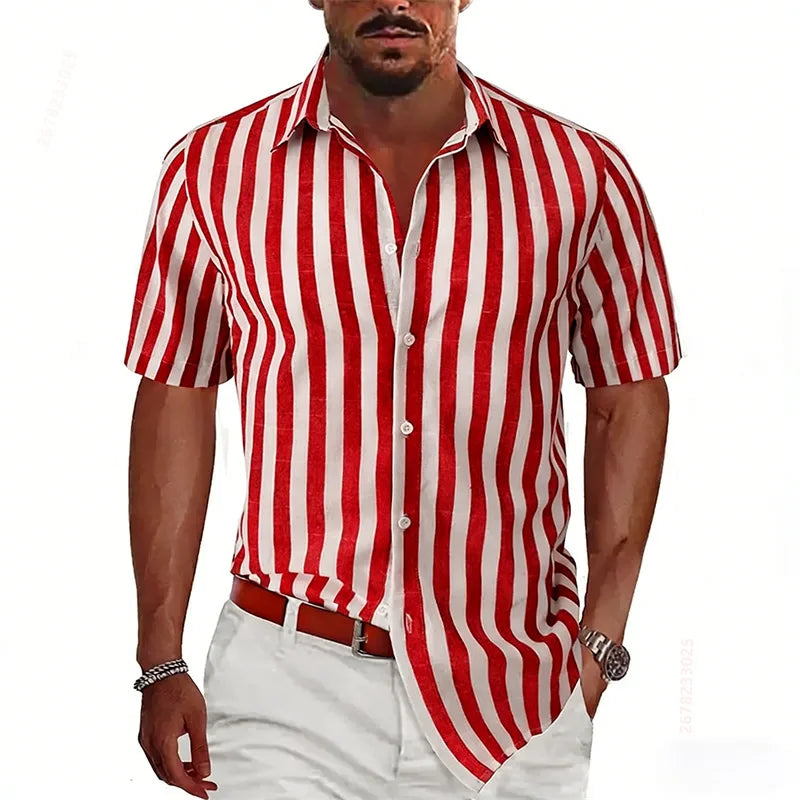 2026 Summer New Men's Striped Short-Sleeve Shirt, Multiple Colors Available, Outdoor Streetwear Casual Fashion Men's Top, XS-6XL