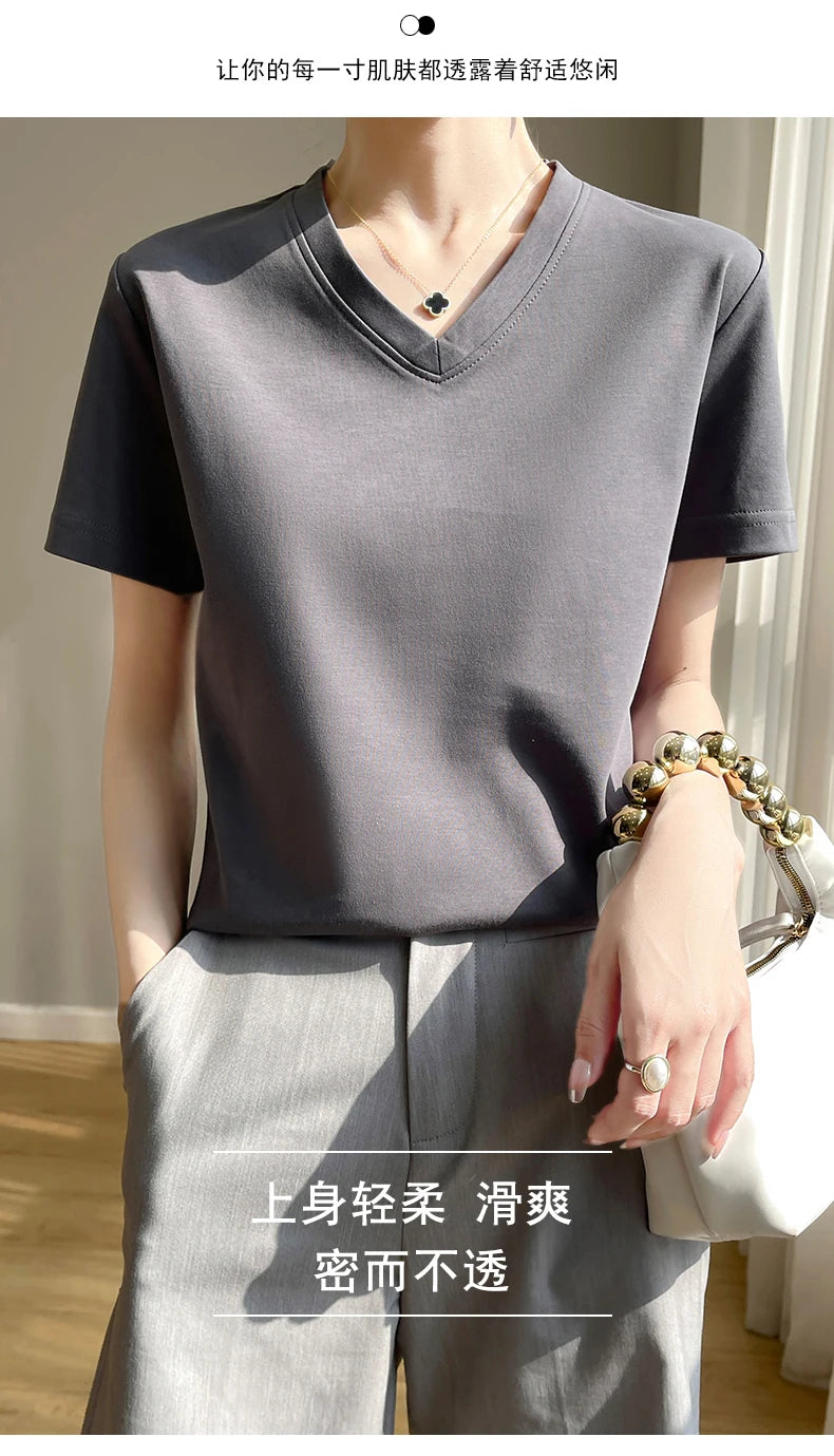 Summer V-neck 100% Cotton Short-Sleeved T-Shirt Women's Loose Mercerized Cotton Half-Sleeve Bottoming Shirt White High-end Top