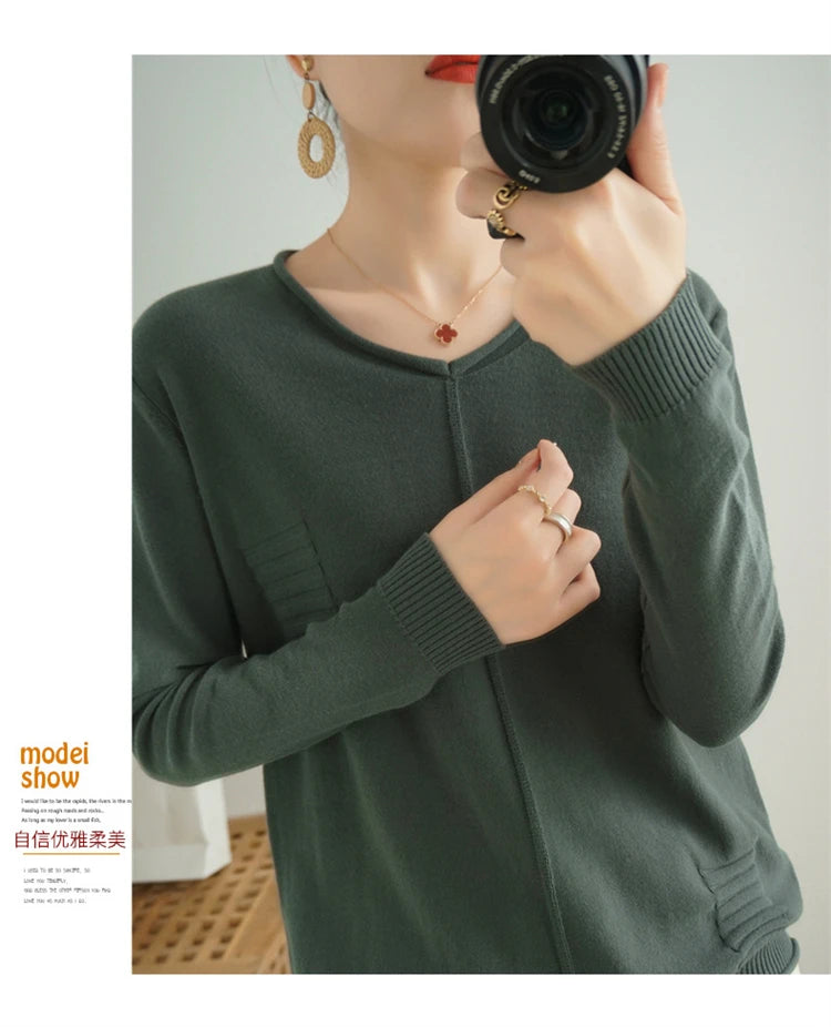 2023 Autumn/Winter Women's New Pullover Casual Solid 100% Cotton Knitted V-Neck Loose Sweater Fashion Soft Breathable Top
