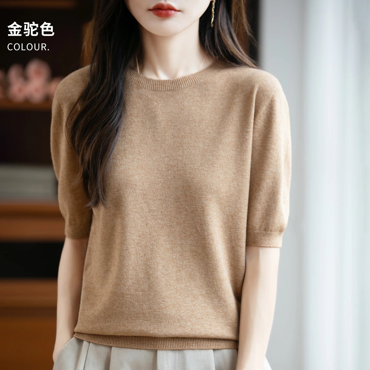 Fall/winter women's O-neck basic warm casual pullover fashion short sleeve 100% wool 22-color knitted sweater.