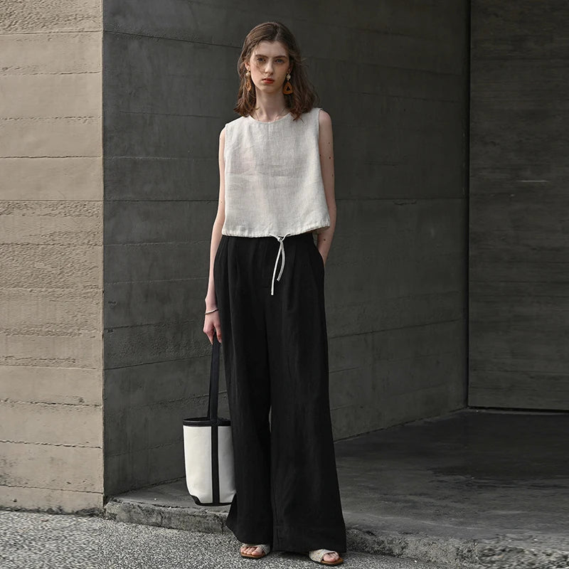 100% Linen Tank Top Women 2026 Summer Breathable Short Tops Sleeveless Casual Loose Cotton Linen Drawstring Crop Tops