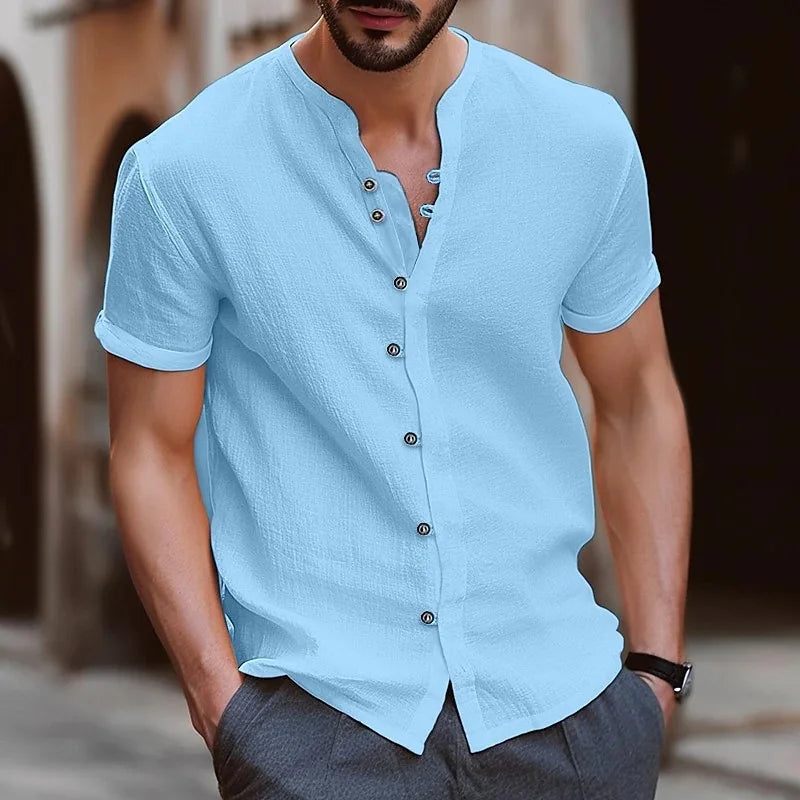 2026 Fashion Men's New Short-Sleeved T-Shirt Fashion Men's Retro Buttoned Cotton-Linen Casual Short-Sleeved Shirt