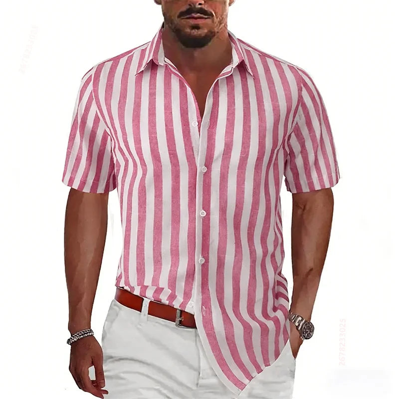 2026 Summer New Men's Striped Short-Sleeve Shirt, Multiple Colors Available, Outdoor Streetwear Casual Fashion Men's Top, XS-6XL