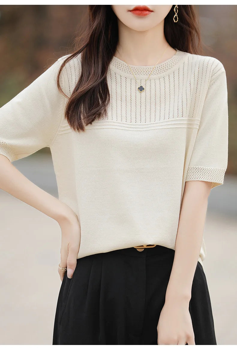 Women Sweater Short Sleeve Spring Summer O-neck Bottoming Shirts Casual Korean Knitted Pullovers Solid Loose Hollow Out Jumpers