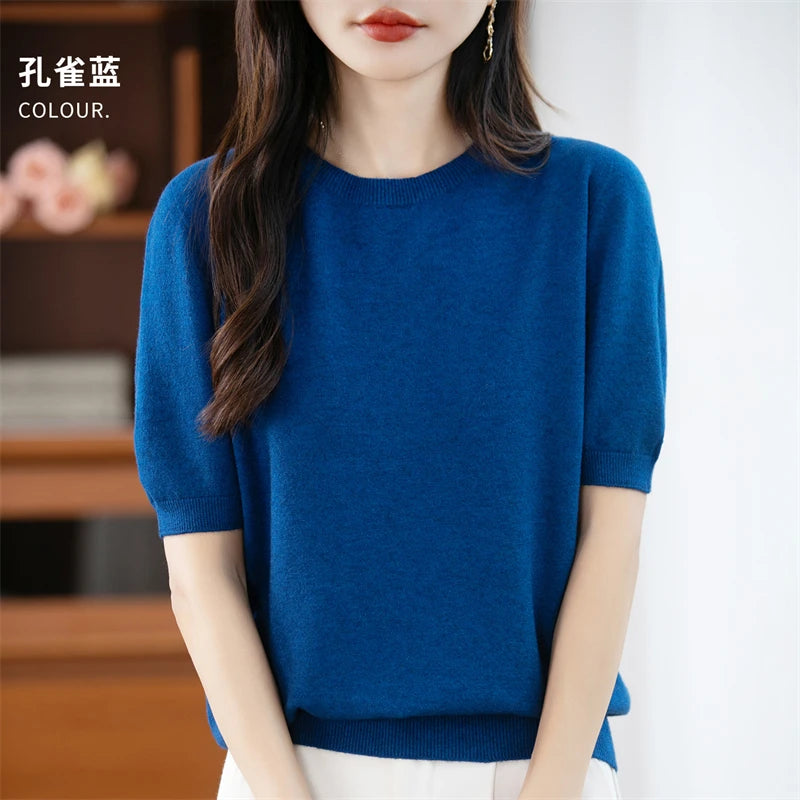 Fall/winter women's O-neck basic warm casual pullover fashion short sleeve 100% wool 22-color knitted sweater.