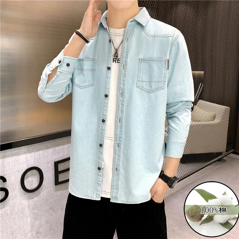 New Men's Denim Shirt Pure Cotton Washed Fashion Top Youth Style Japanese Design Autumn Collection Slim Fit Long Sleeve Casua...