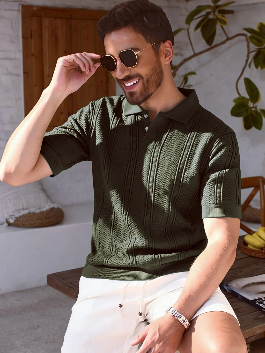 New 2026 Knitted Polo Shirt - Twisted Knit Texture Men's Summer Casual Collar Short Sleeve Buttoned Solid Color Hooded Knitted T