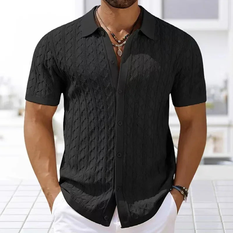 Summe Embroidery Men's Short Sleeved Fashion knitted Shirt 2025 Men's Business Solid Color Casual Button Cardigan POLO Shirt Top