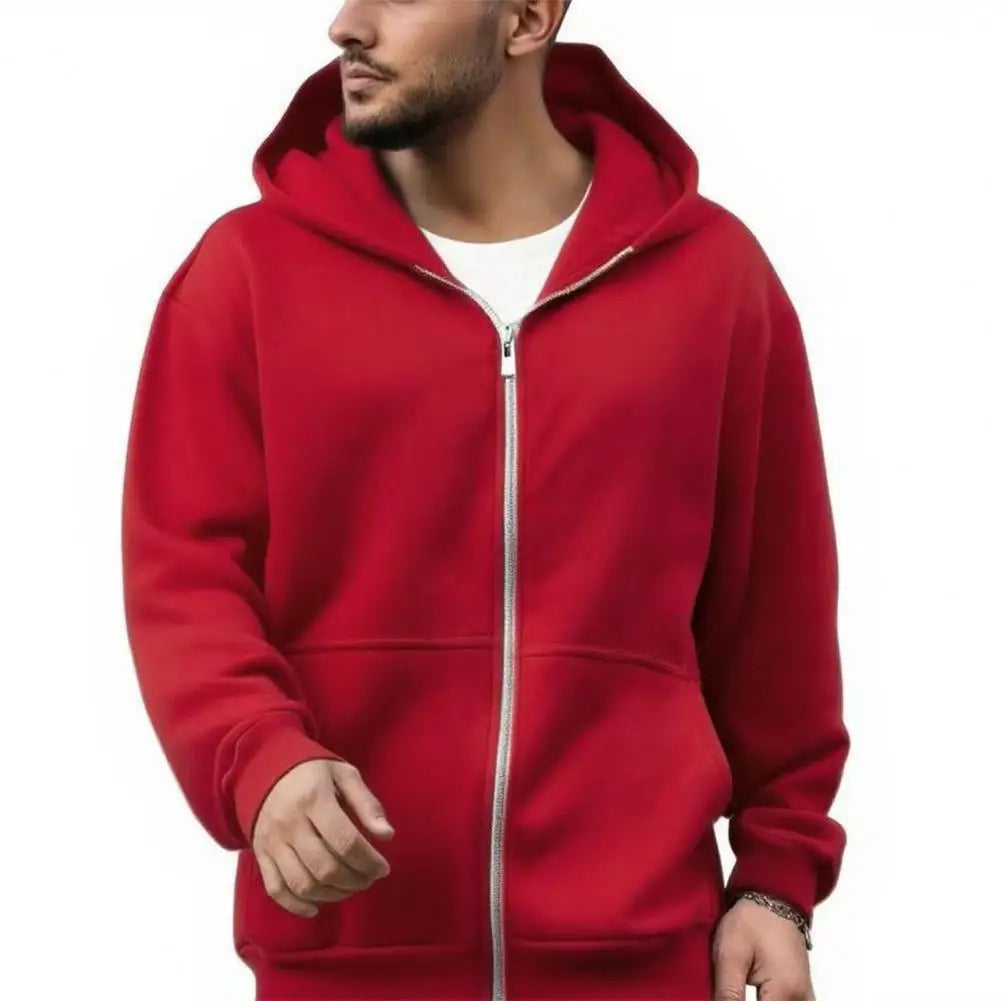 Men Backpack Sweatshirt Coat Long Sleeve Zipper Closure Hoodie with Schoolbag Design Solid Color Loose Fit Outerwear