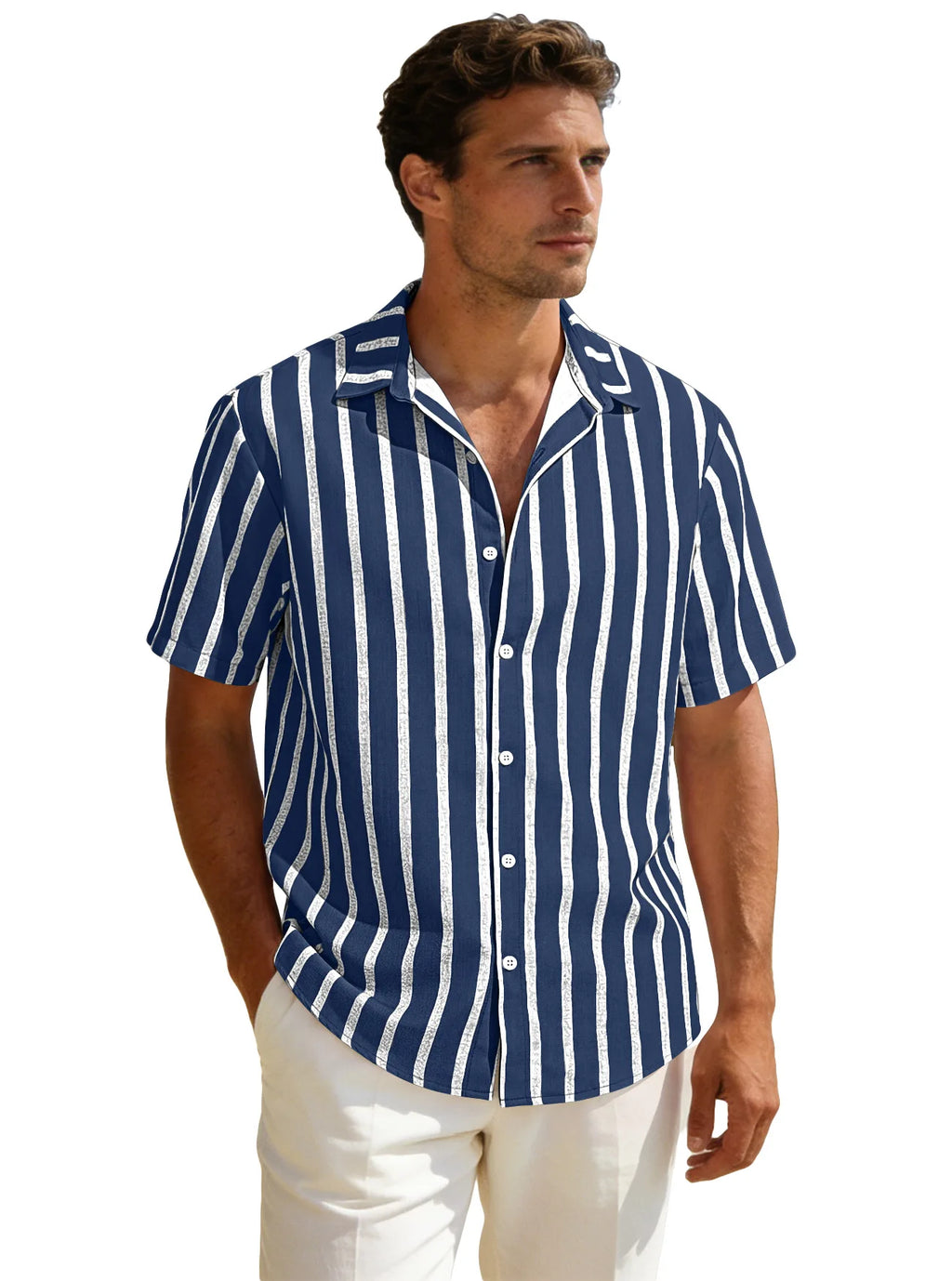 Summer new men's striped short sleeved shirt, men's casual versatile loose short sleeved shirt