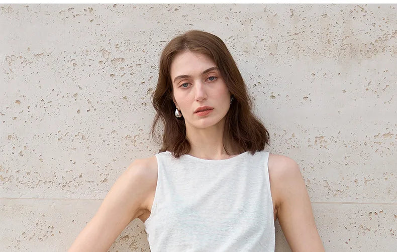 100% Hemp Knitted Thin Tank Top For Women Solid Color Summer Round Neck Sleeveless New Breathable Tops White Tops