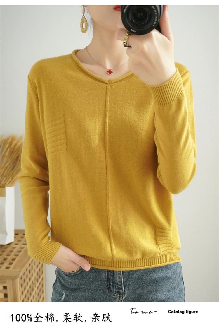 2023 Autumn/Winter Women's New Pullover Casual Solid 100% Cotton Knitted V-Neck Loose Sweater Fashion Soft Breathable Top