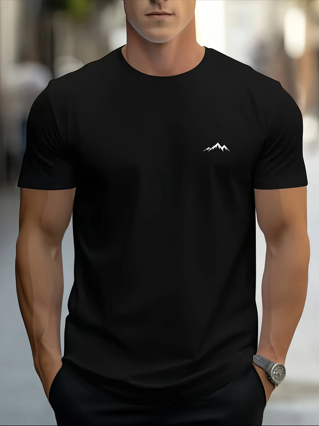 Men's summer 100% pure cotton fashionable casual sports loose mountain print round neck short sleeved T-shirt top
