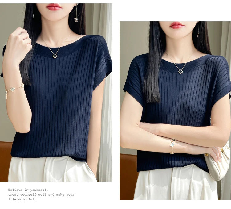 Summer Thin Ice Silk Knitted Loose T-Shirt Women's Short Sleeve Versatile Top Breathable Cool Feeling Pure Color Basic Fit
