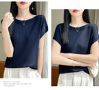 Summer Thin Ice Silk Knitted Loose T-Shirt Women's Short Sleeve Versatile Top Breathable Cool Feeling Pure Color Basic Fit