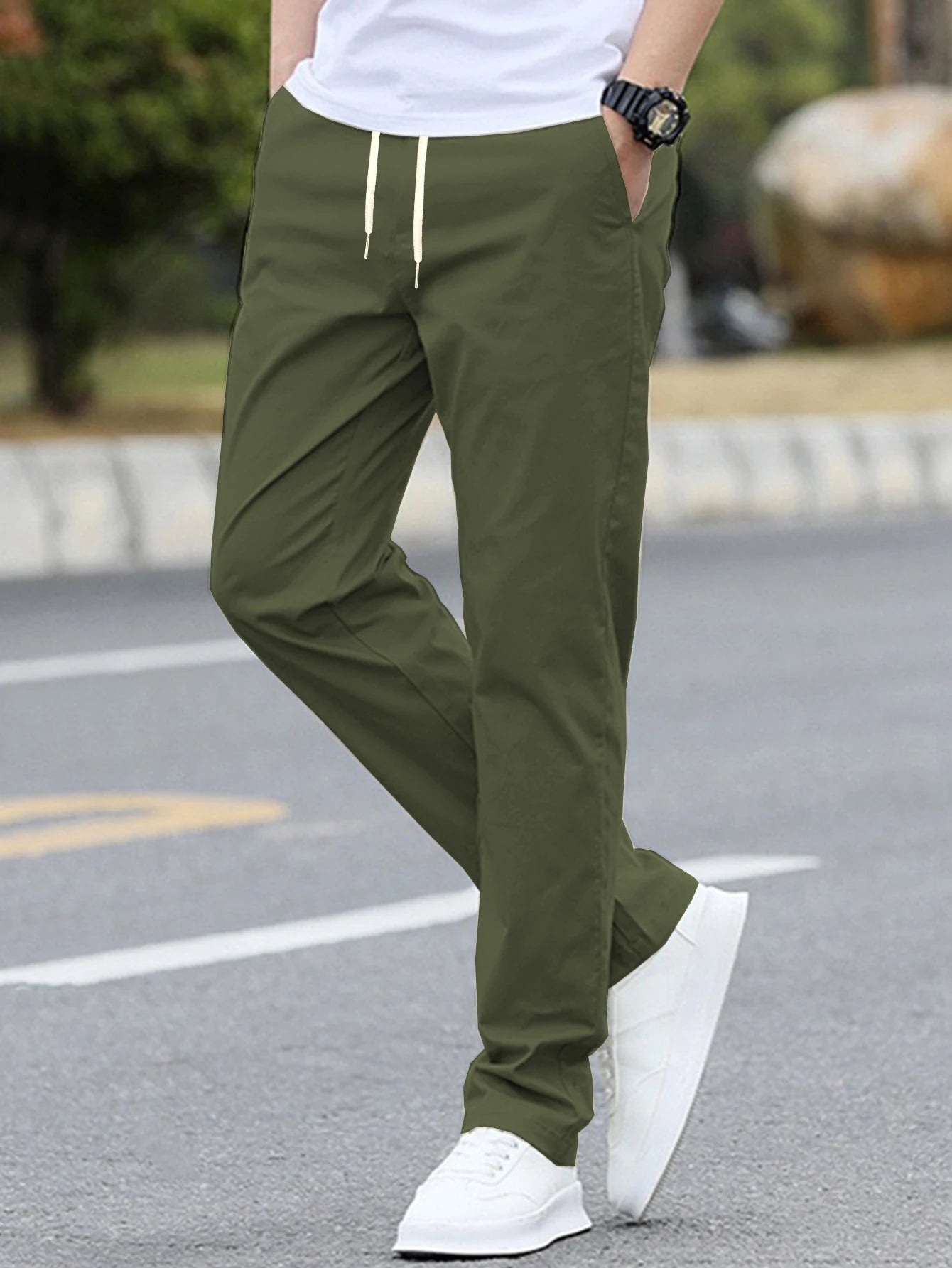 Men's Solid Color Casual Fashion Trousers with Drawstring Waist Regular Fit Pocket Trousers