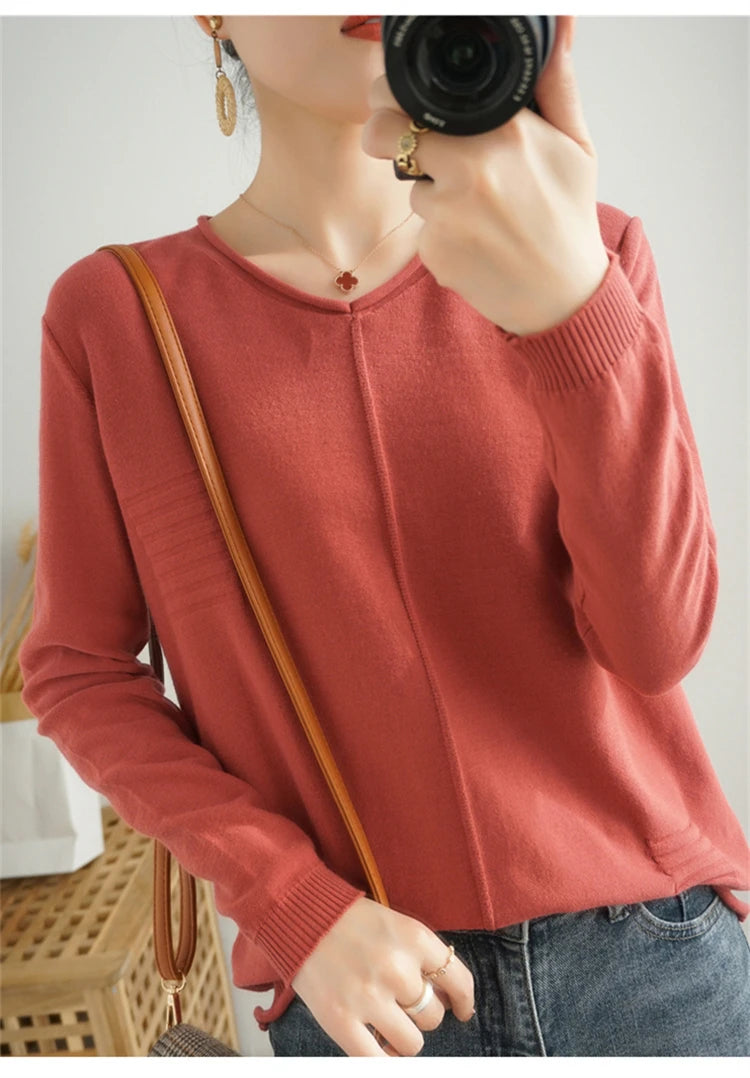 2023 Autumn/Winter Women's New Pullover Casual Solid 100% Cotton Knitted V-Neck Loose Sweater Fashion Soft Breathable Top