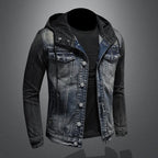 Men Spliced Hooded Washed Denim Jacket Long Sleeve Cardigan Single Breasted Outerwear Loose Coats Pockets High Street Button