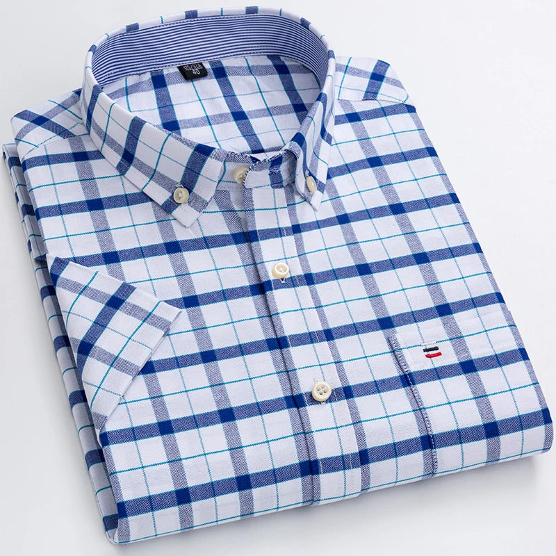 Men's Oxford Short Sleeve Square Collar Soild Plaid Striped Summer Casual Shirts Single Pocket Comfortable Cotton Shirt