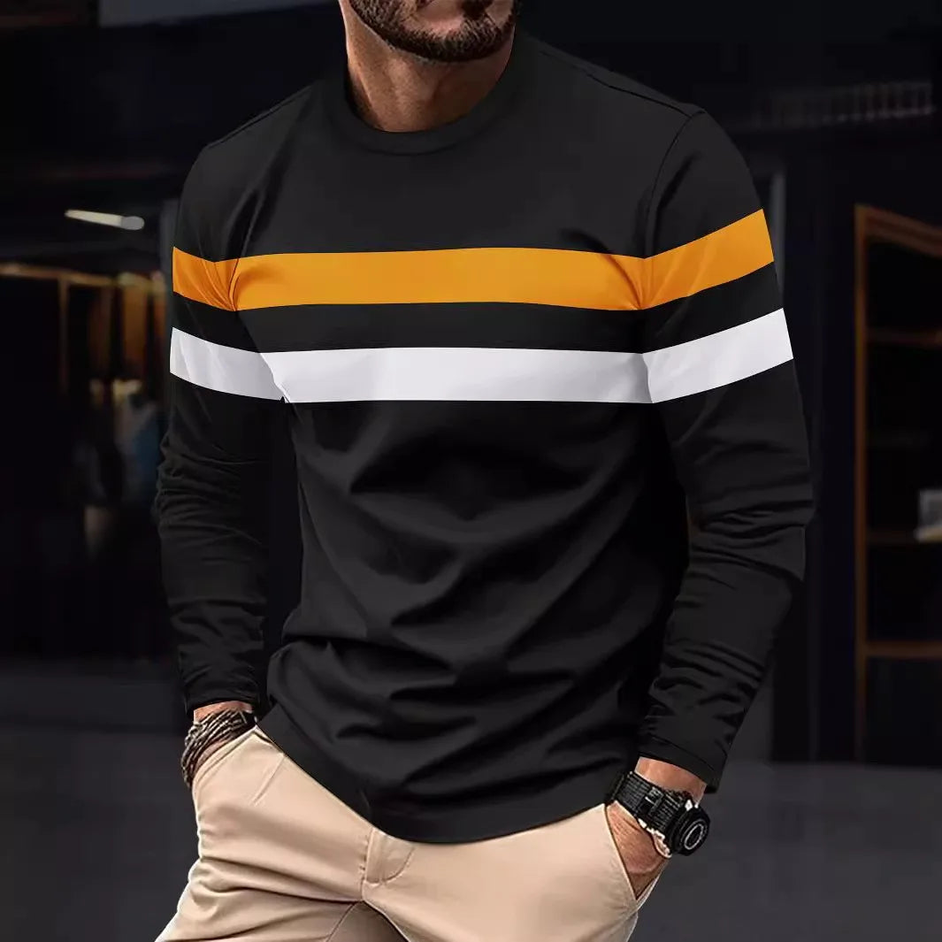 Spring Autumn Men's Color Matching Casual Fashion Sports Gym Beach Holiday Round Neck Long Sleeve O-neck T-Shirt Male Clothing
