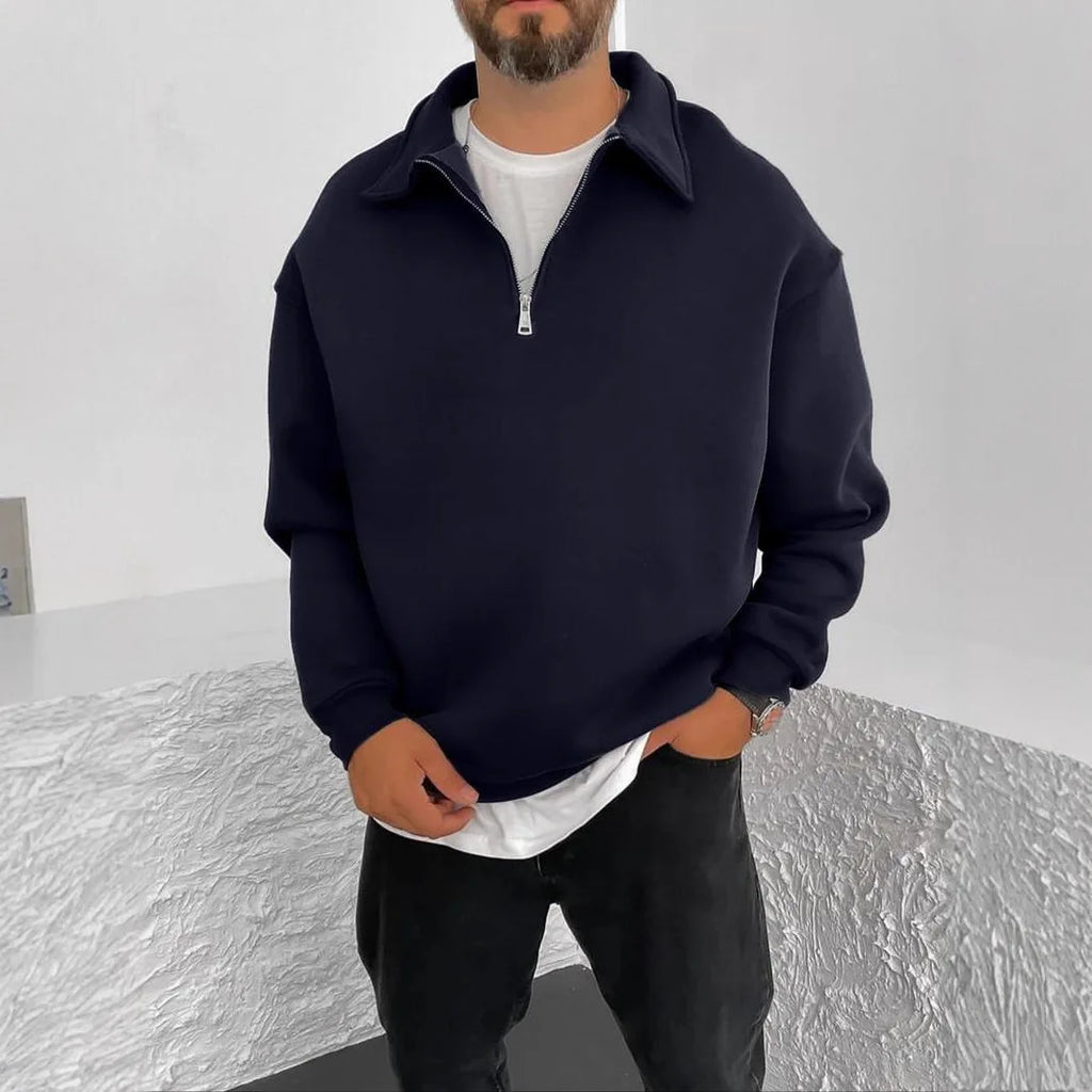 2025 New Men's Double-sided Fleece Half-Zip Casual Hoodie Jacket Autumn Winter Polyester Fiber Sporty Loose Fit Fashion Urban
