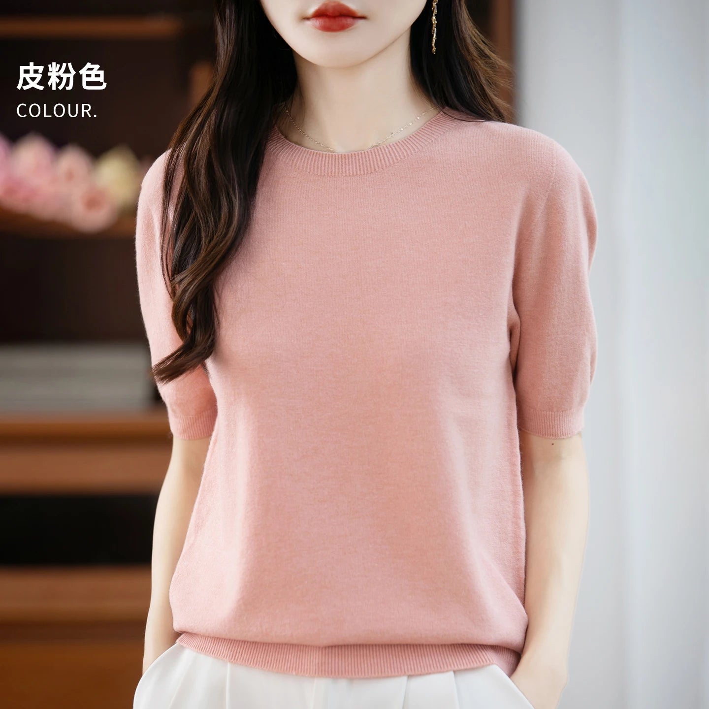 Fall/winter women's O-neck basic warm casual pullover fashion short sleeve 100% wool 22-color knitted sweater.