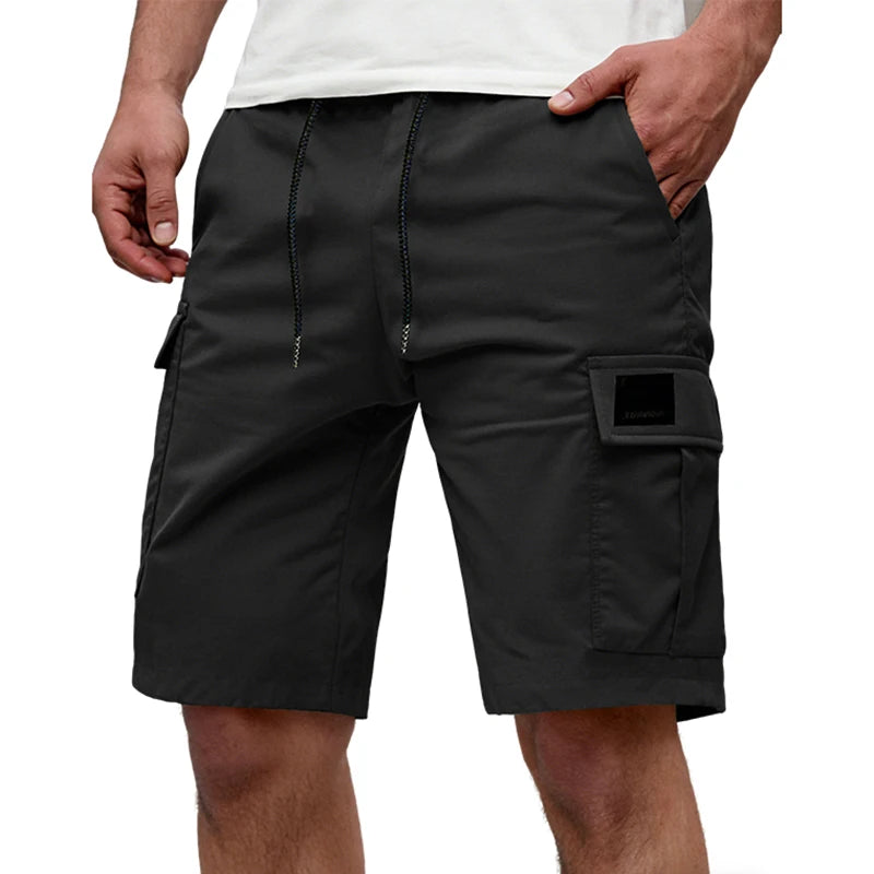 Men's Khaki Workwear Cargo Shorts Summer Multi-pocket Work Shorts With Drawstring Elastic Waist Solid Color Sports Fifth Pants