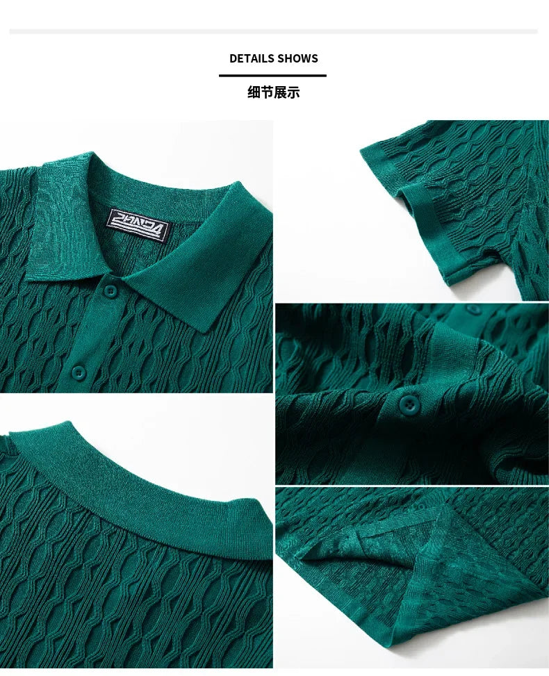 Summe Embroidery Men's Short Sleeved Fashion knitted Shirt 2025 Men's Business Solid Color Casual Button Cardigan POLO Shirt Top