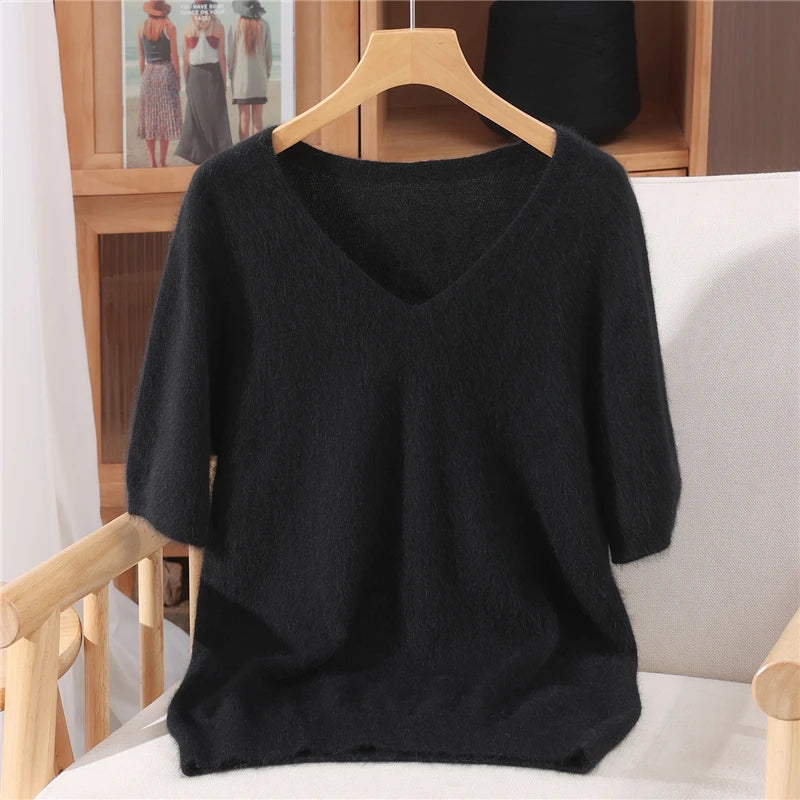 Women's 100% pure mink cashmere V-neck sweater T-shirt solid color knitted fashionable versatile short sleeved pullover sweater